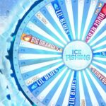 Roda de multiplicadores do game show Ice Fishing, da Evolution, com segmentos Lil Blues, Big Oranges e Huge Reds sobre cenário de neve