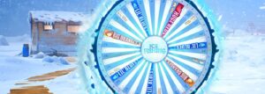 Roda de multiplicadores do game show Ice Fishing, da Evolution, com segmentos Lil Blues, Big Oranges e Huge Reds sobre cenário de neve