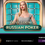 Arte oficial do jogo Prive Lounge Russian Poker, da Pragmatic Play, mostrando dealer em mesa VIP de live casino