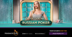 Arte oficial do jogo Prive Lounge Russian Poker, da Pragmatic Play, mostrando dealer em mesa VIP de live casino