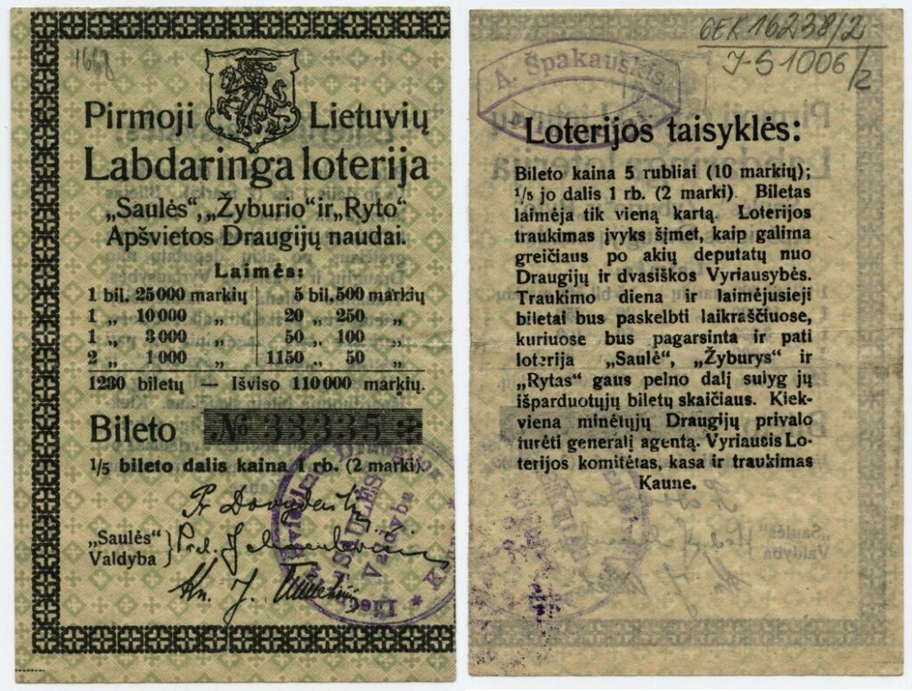 Bilhete antigo de loteria lituana de 1910, com valores de prêmios e regras impressas (Imagem ilustrativa: bilhete de uma loteria histórica lituana de 1910, sem relação com a Quina ou a Caixa.)