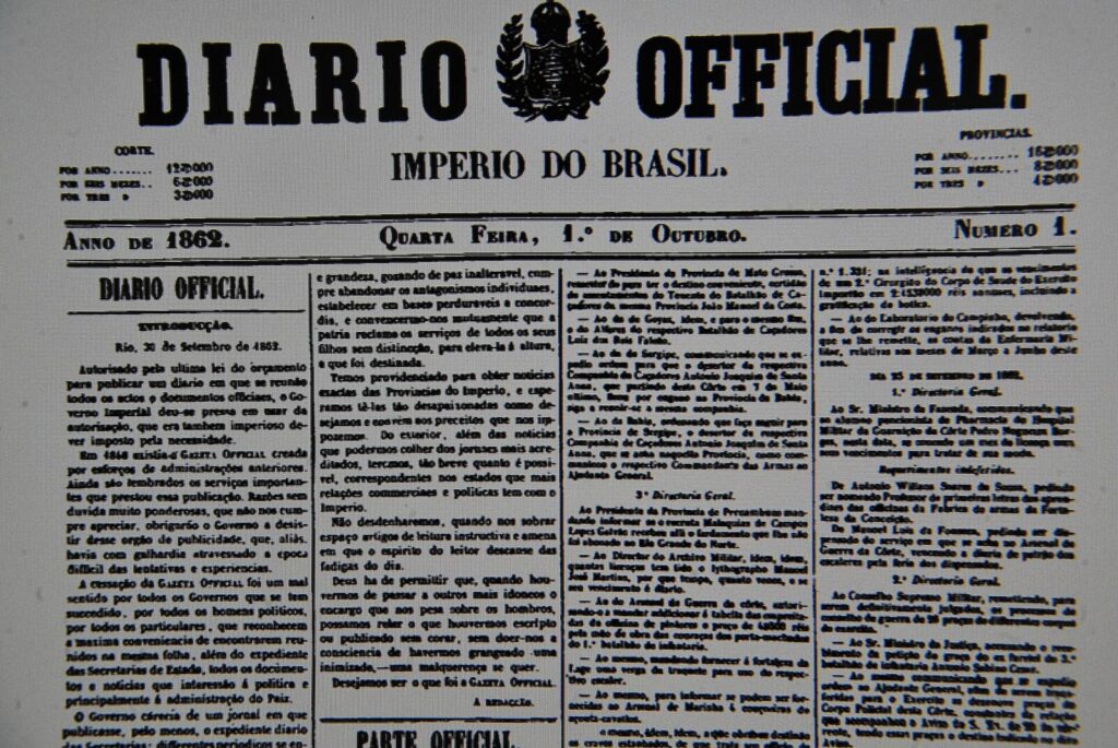 Reprodução histórica da primeira edição do Diário Oficial da União, veículo de publicação de portarias de autorização de apostas (Imagem ilustrativa: reprodução histórica do Diário Oficial da União, veículo de publicação de atos oficiais como a autorização citada.)